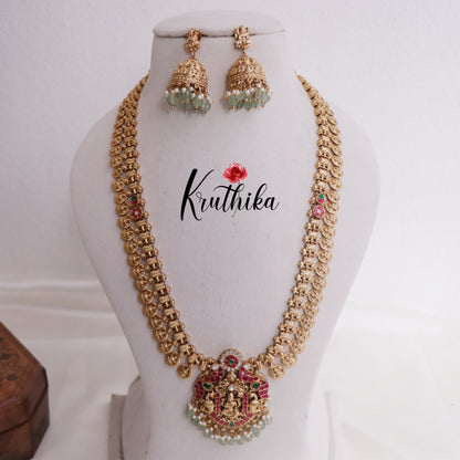Beautiful Temple Lakshmi Jadau Kasu Haaram with Pastel Green Beads Drops LH1673 (Available in 2 Colours)