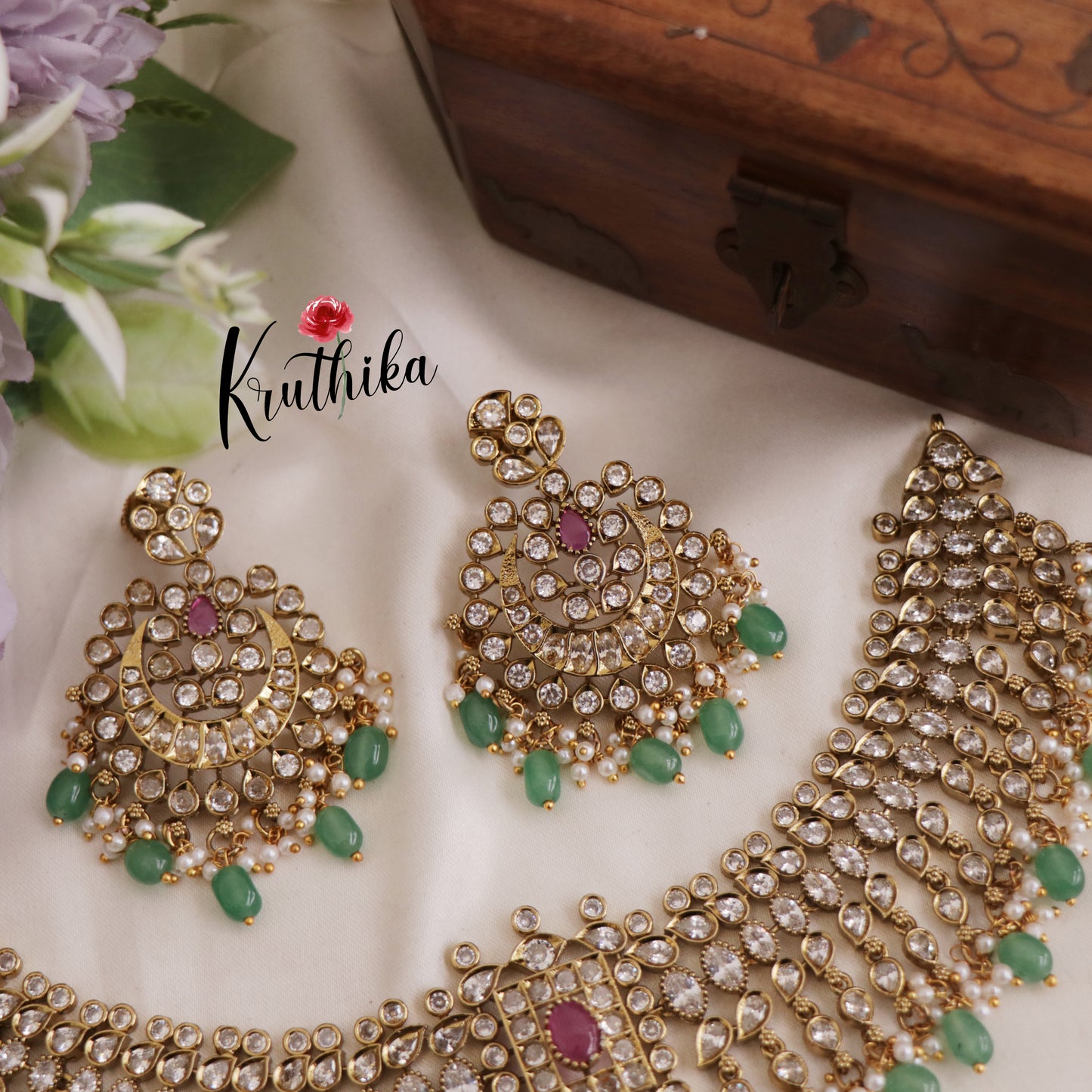 Stunning CZ Teardrop Choker With Pearl And Bead Drops NC2602 (Available In 2 Colors)