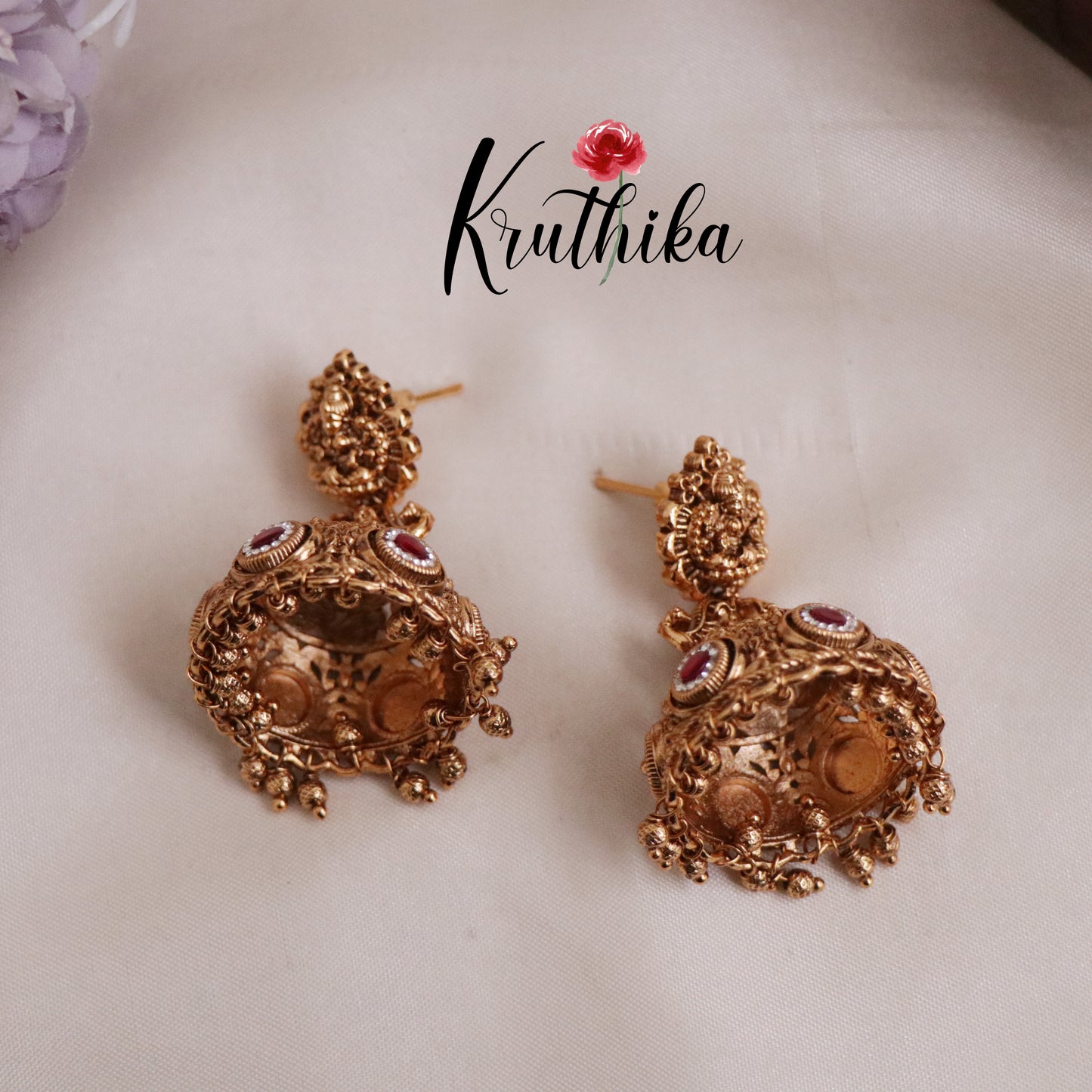 Beautiful Temple Lakshmi Design Jhumkas E427 (Available in 3 Colours)