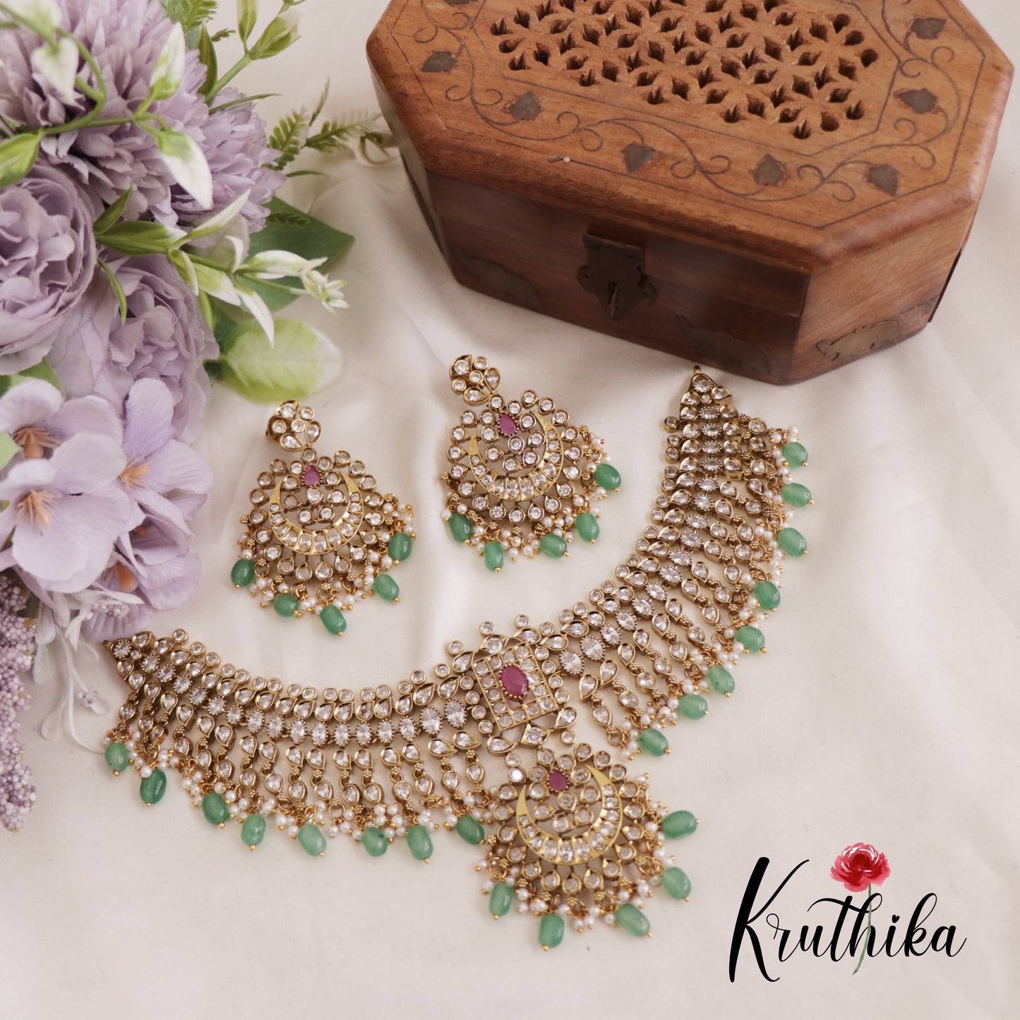 Stunning CZ Teardrop Choker With Pearl And Bead Drops NC2602 (Available In 2 Colors)