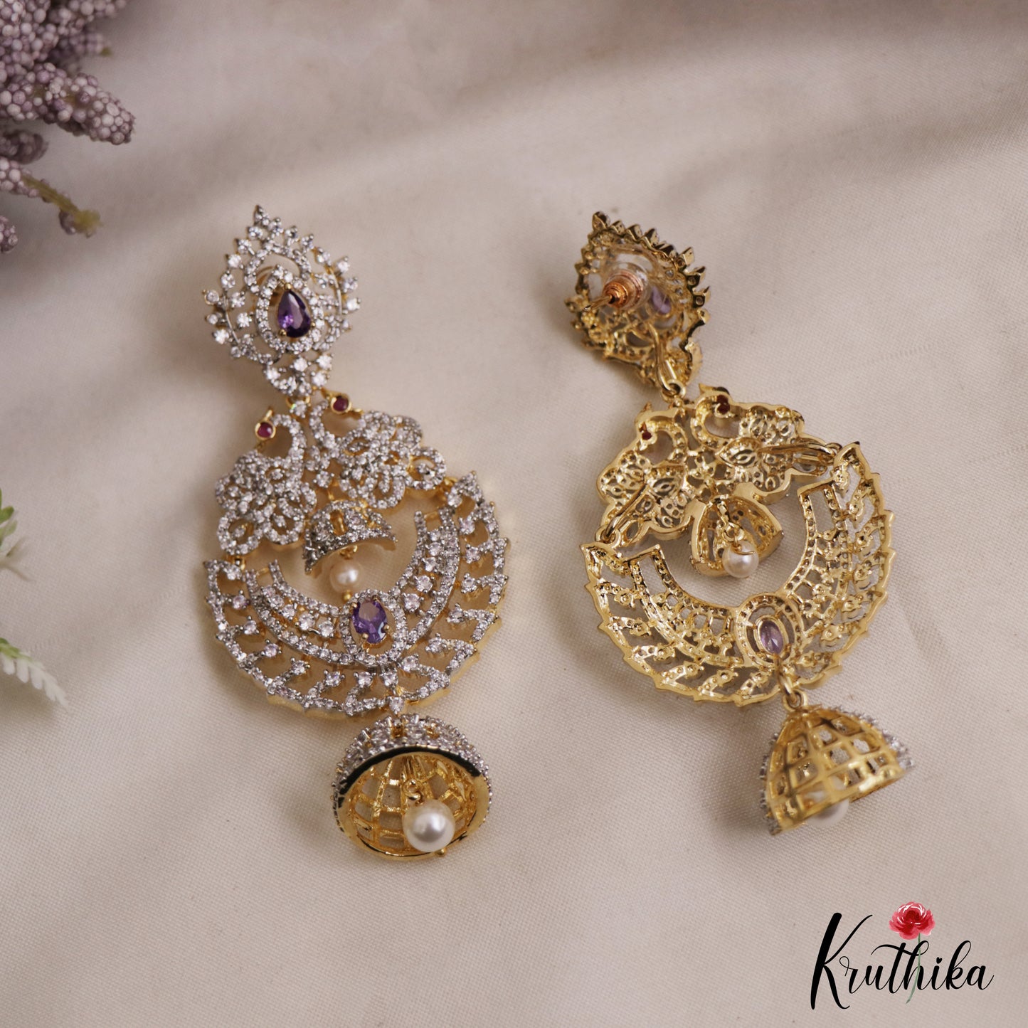 Stunning Peacock Motifs AD Victorian Chandbali Jhumka Earrings With Pearl Drop E1132 (Available In 3 Colors)