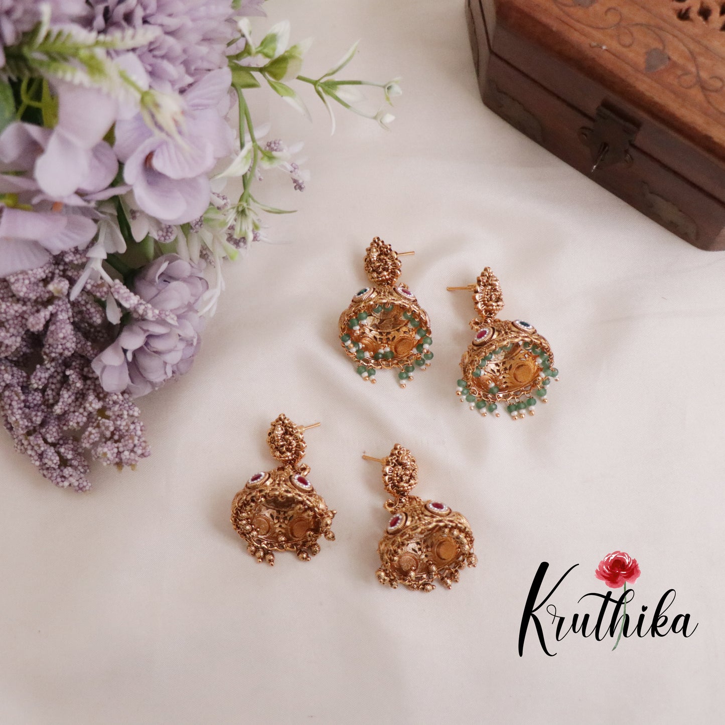 Beautiful Temple Lakshmi Design Jhumkas E427 (Available in 3 Colours)