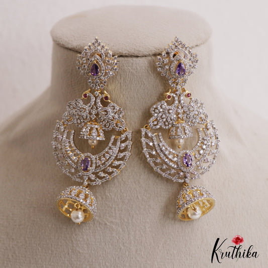 Stunning Peacock Motifs AD Victorian Chandbali Jhumka Earrings With Pearl Drop E1132 (Available In 3 Colors)