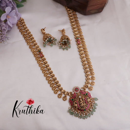 Beautiful Temple Lakshmi Jadau Kasu Haaram with Pastel Green Beads Drops LH1673 (Available in 2 Colours)