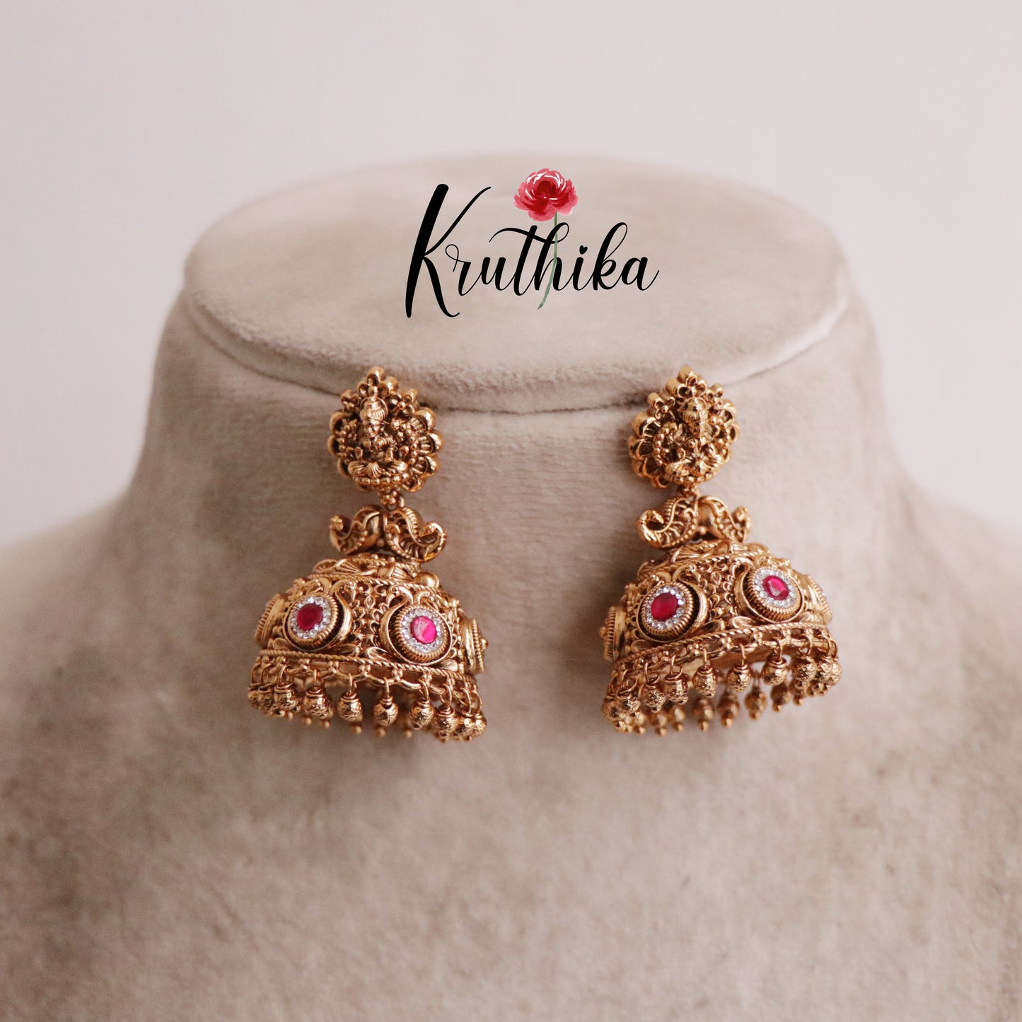 Beautiful Temple Lakshmi Design Jhumkas E427 (Available in 3 Colours)