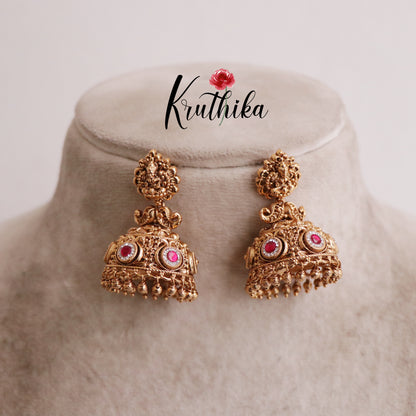 Beautiful Temple Lakshmi Design Jhumkas E427 (Available in 3 Colours)