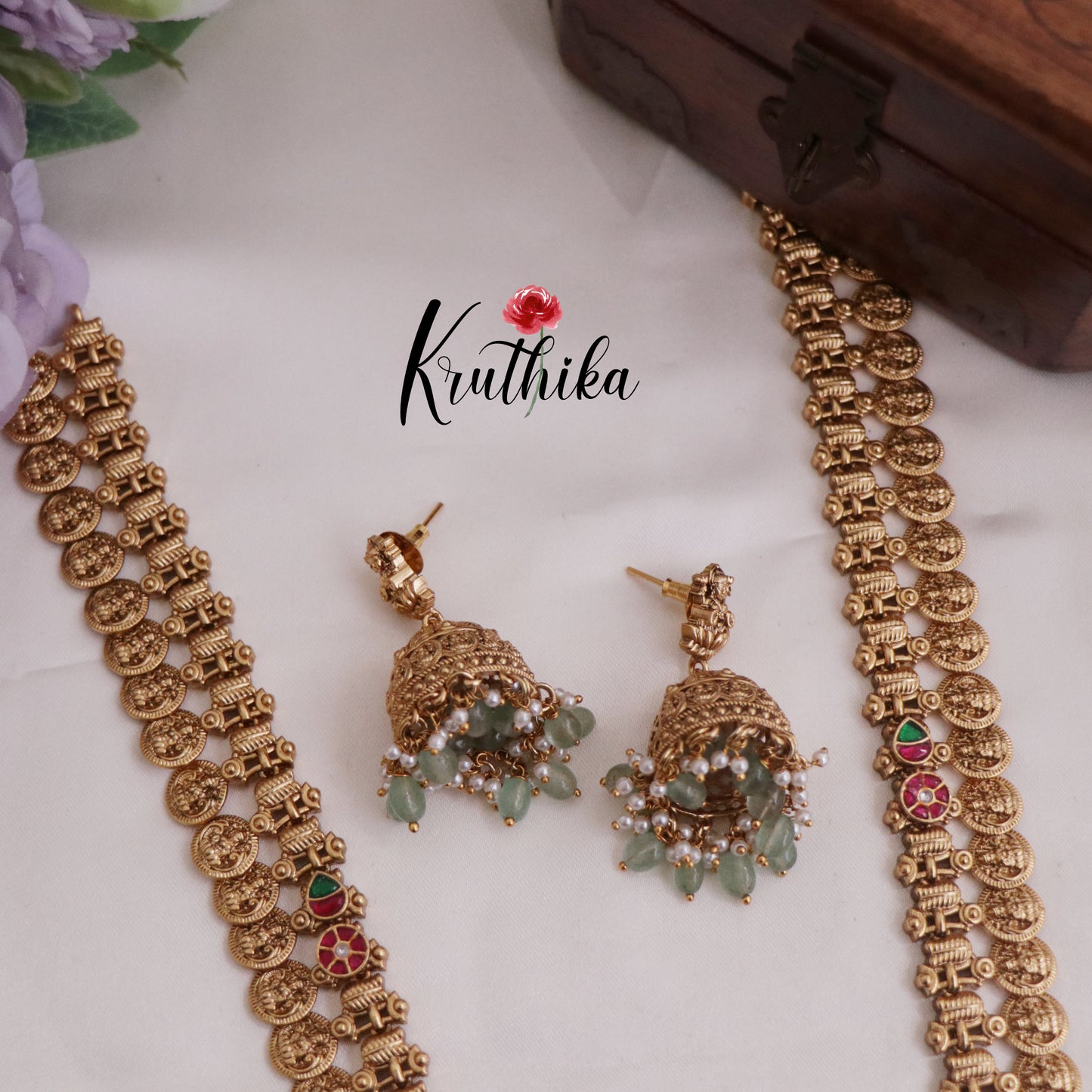 Beautiful Temple Lakshmi Jadau Kasu Haaram with Pastel Green Beads Drops LH1673 (Available in 2 Colours)