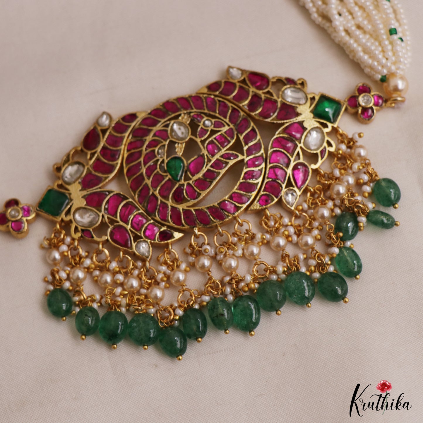 Gorgeous Peacock Motifs Jadau Choker With Multi Pearl Strand Chain NC3039