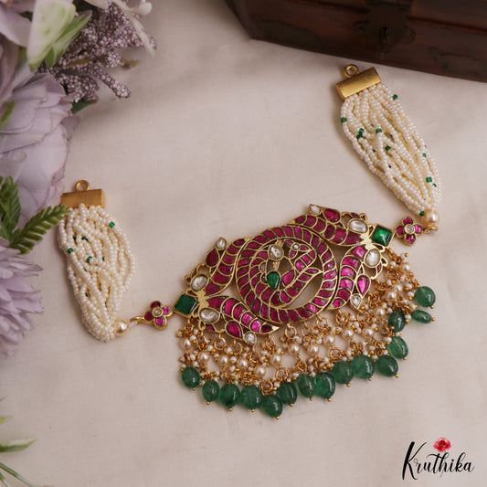 Gorgeous Peacock Motifs Jadau Choker With Multi Pearl Strand Chain NC3039