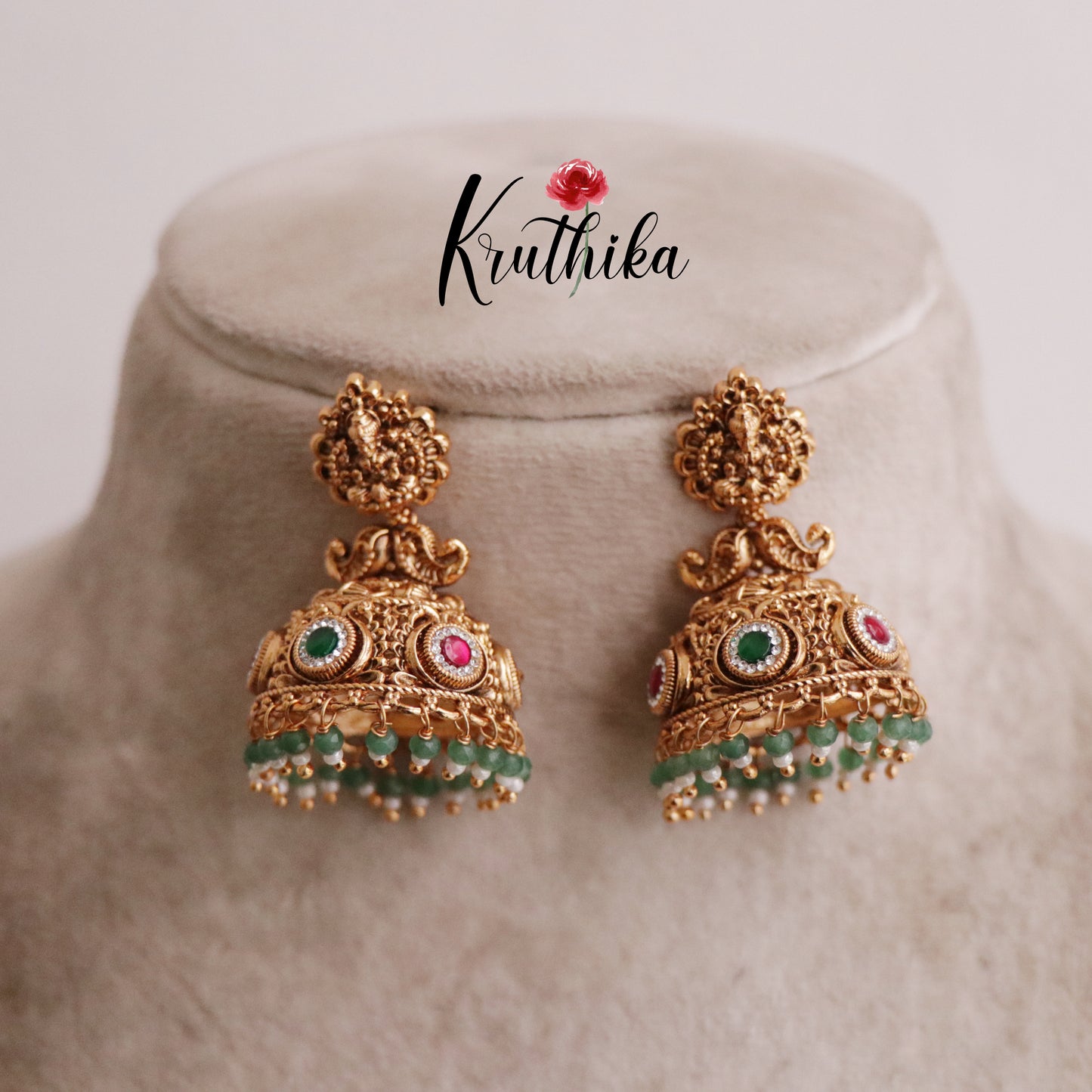 Beautiful Temple Lakshmi Design Jhumkas E427 (Available in 3 Colours)