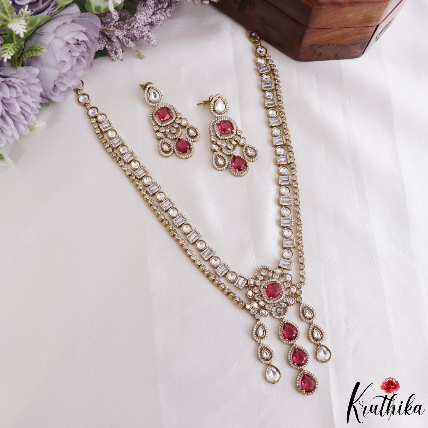 Gorgeous Teardrop Motifs Polki CZ Victorian Haaram LH2175 (Available In 4 Colors)