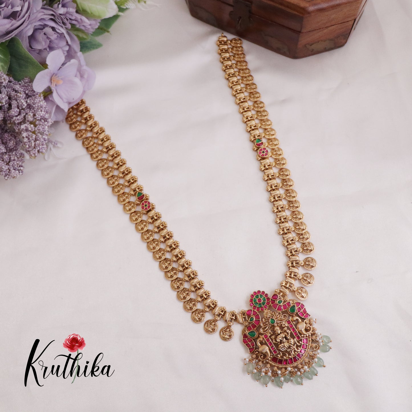Beautiful Temple Lakshmi Jadau Kasu Haaram with Pastel Green Beads Drops LH1673 (Available in 2 Colours)