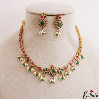 Elegant Floral Motifs Kemp Necklace With Rice Pearl Drops NC3189 (Available In 2 Colors)