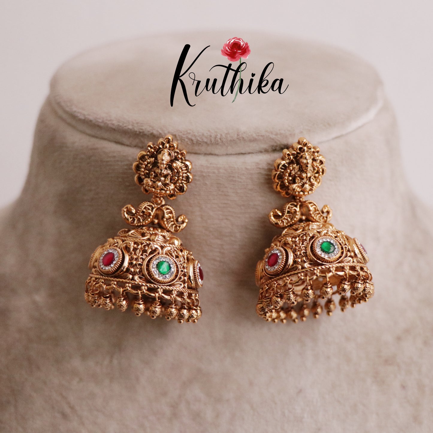 Beautiful Temple Lakshmi Design Jhumkas E427 (Available in 3 Colours)