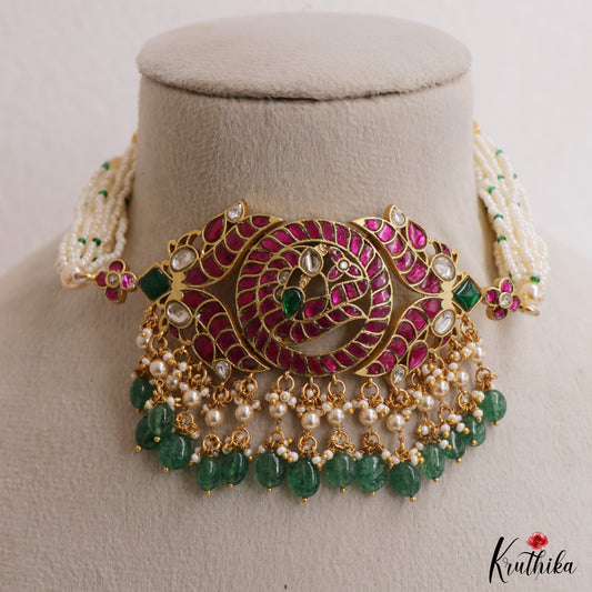 Gorgeous Peacock Motifs Jadau Choker With Multi Pearl Strand Chain NC3039