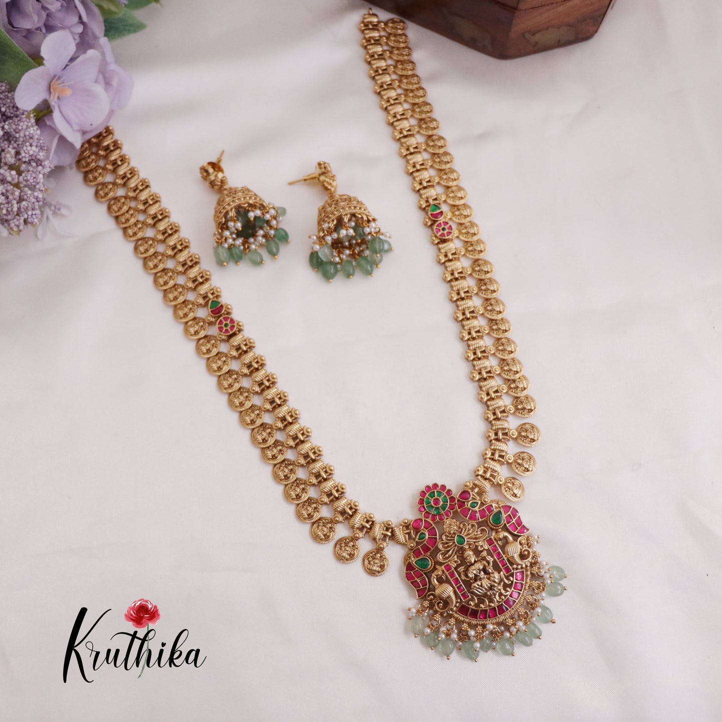Beautiful Temple Lakshmi Jadau Kasu Haaram with Pastel Green Beads Drops LH1673 (Available in 2 Colours)