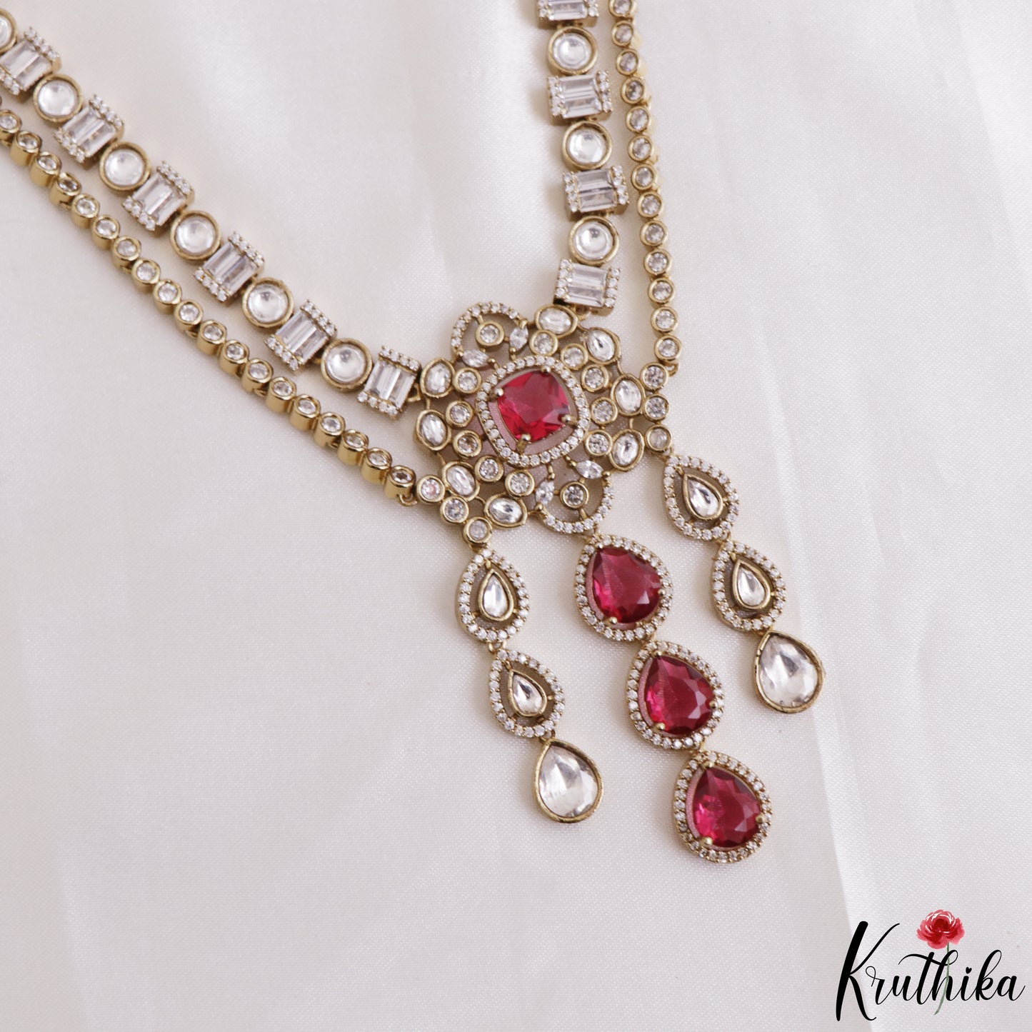 Gorgeous Teardrop Motifs Polki CZ Victorian Haaram LH2175 (Available In 4 Colors)