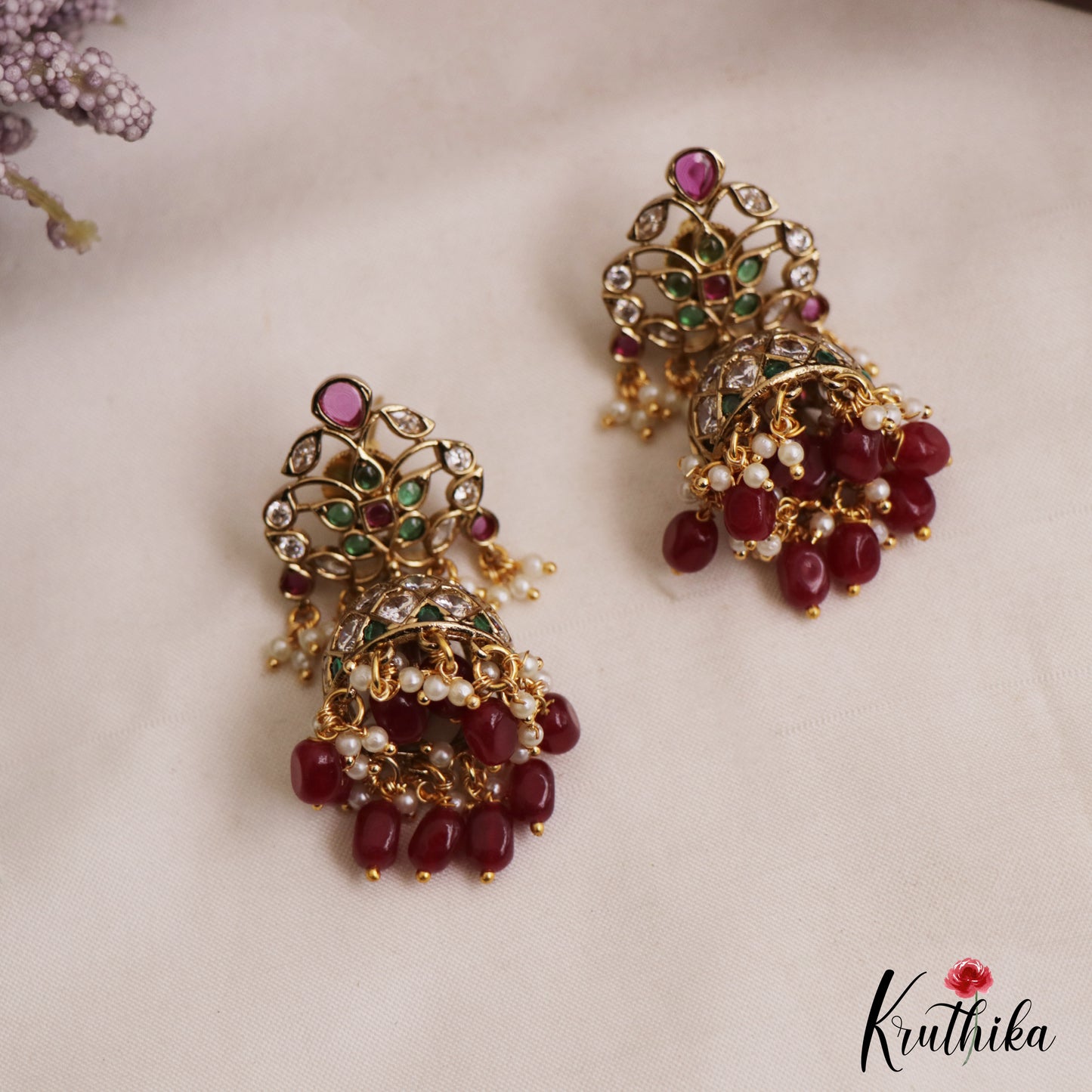Classic Leaf Motifs Kemp Jhumkas With Pearl Bead Drops E1129 (Available In 2 Colors)