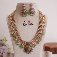 Beautiful No-Idol Jadau Floral Haaram with Pastel Green Beads LH1902