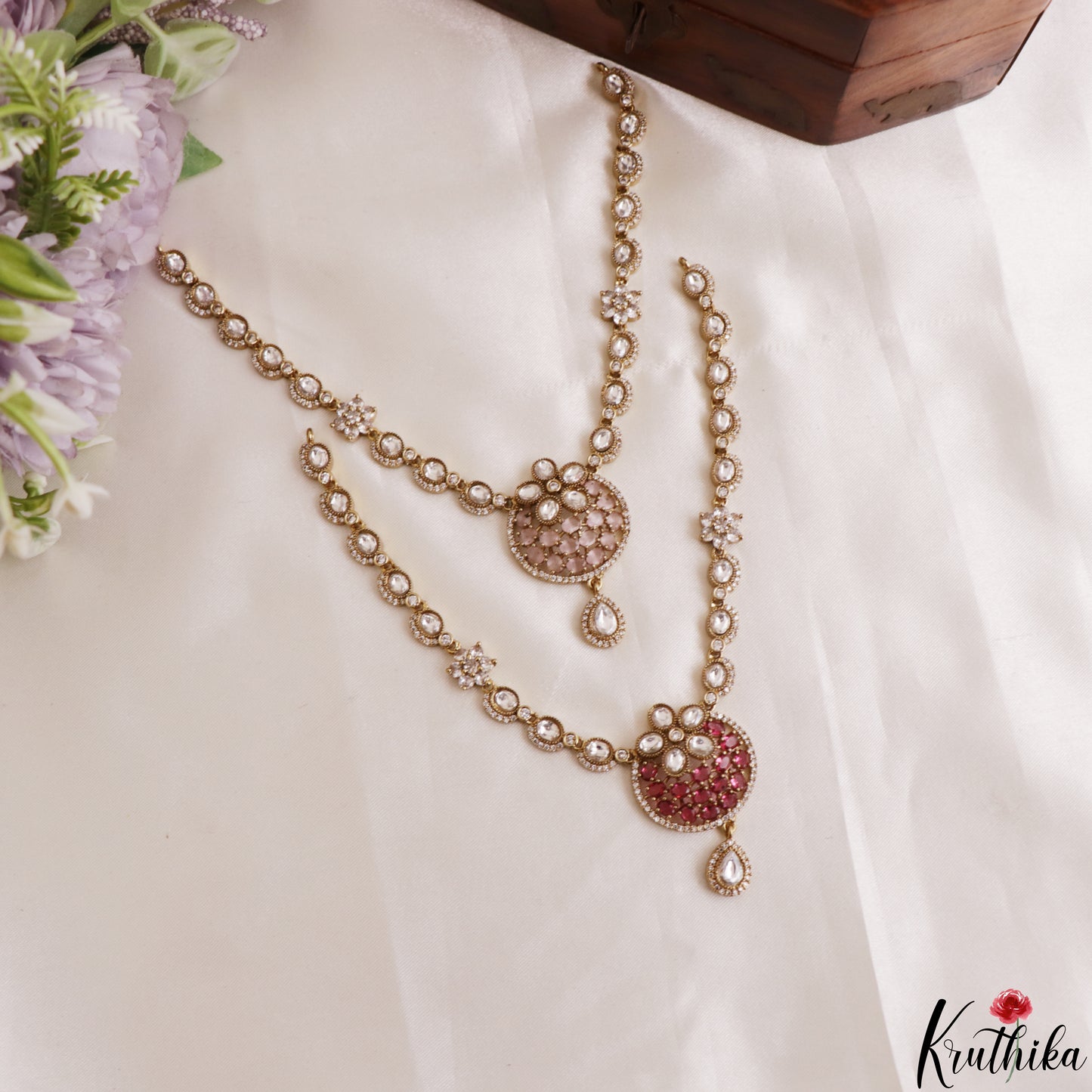 Classic Floral Motifs Polki CZ Victorian Necklace NC3190 (Available In 4 Colors)
