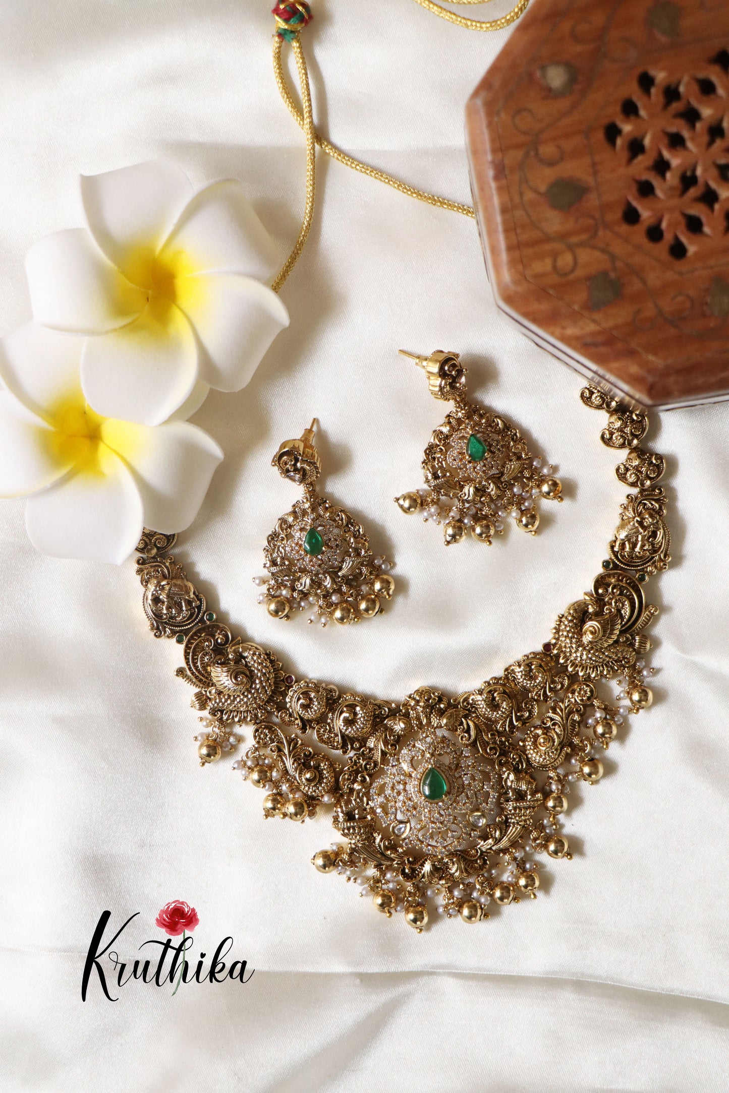Designer Premium Polish AD Peacock Necklace golden beads NC1240