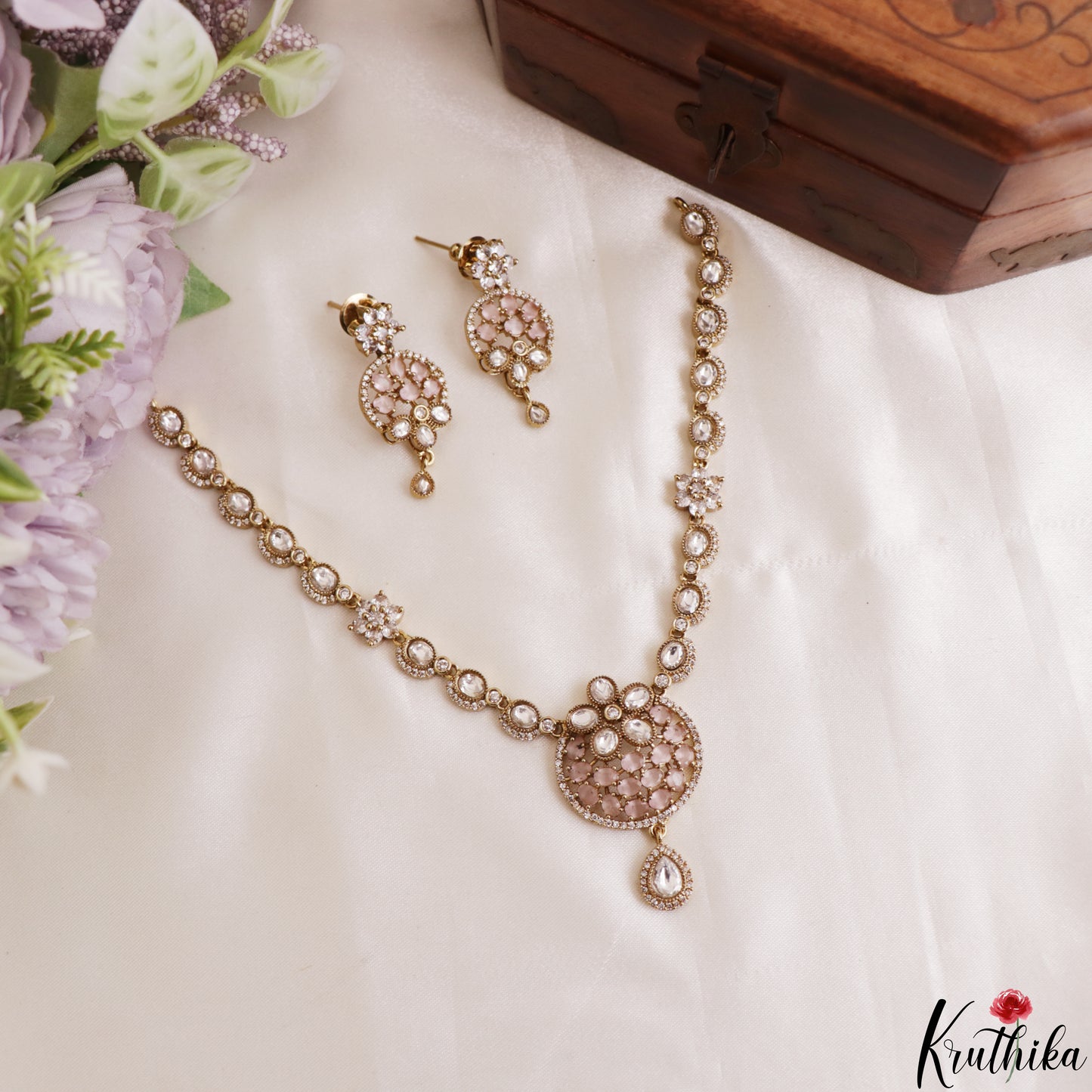 Classic Floral Motifs Polki CZ Victorian Necklace NC3190 (Available In 4 Colors)