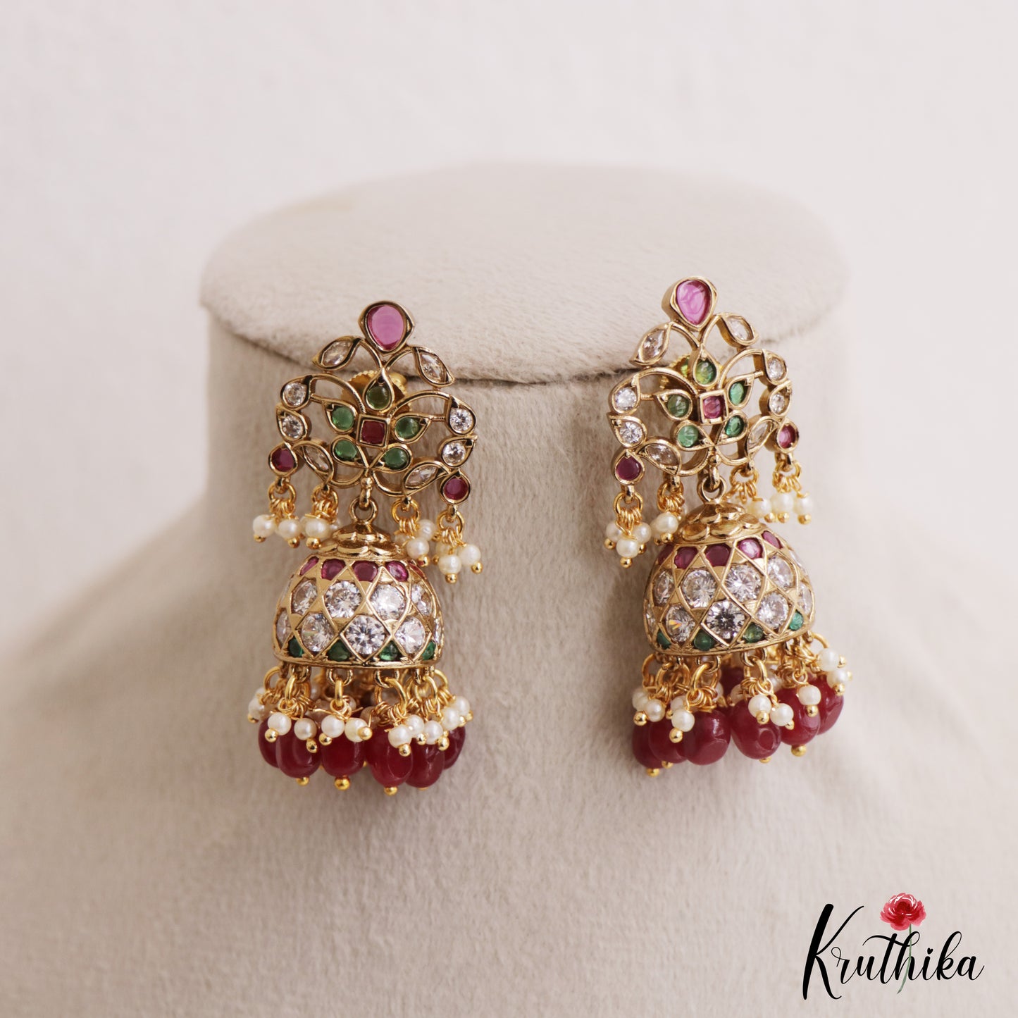 Classic Leaf Motifs Kemp Jhumkas With Pearl Bead Drops E1129 (Available In 2 Colors)