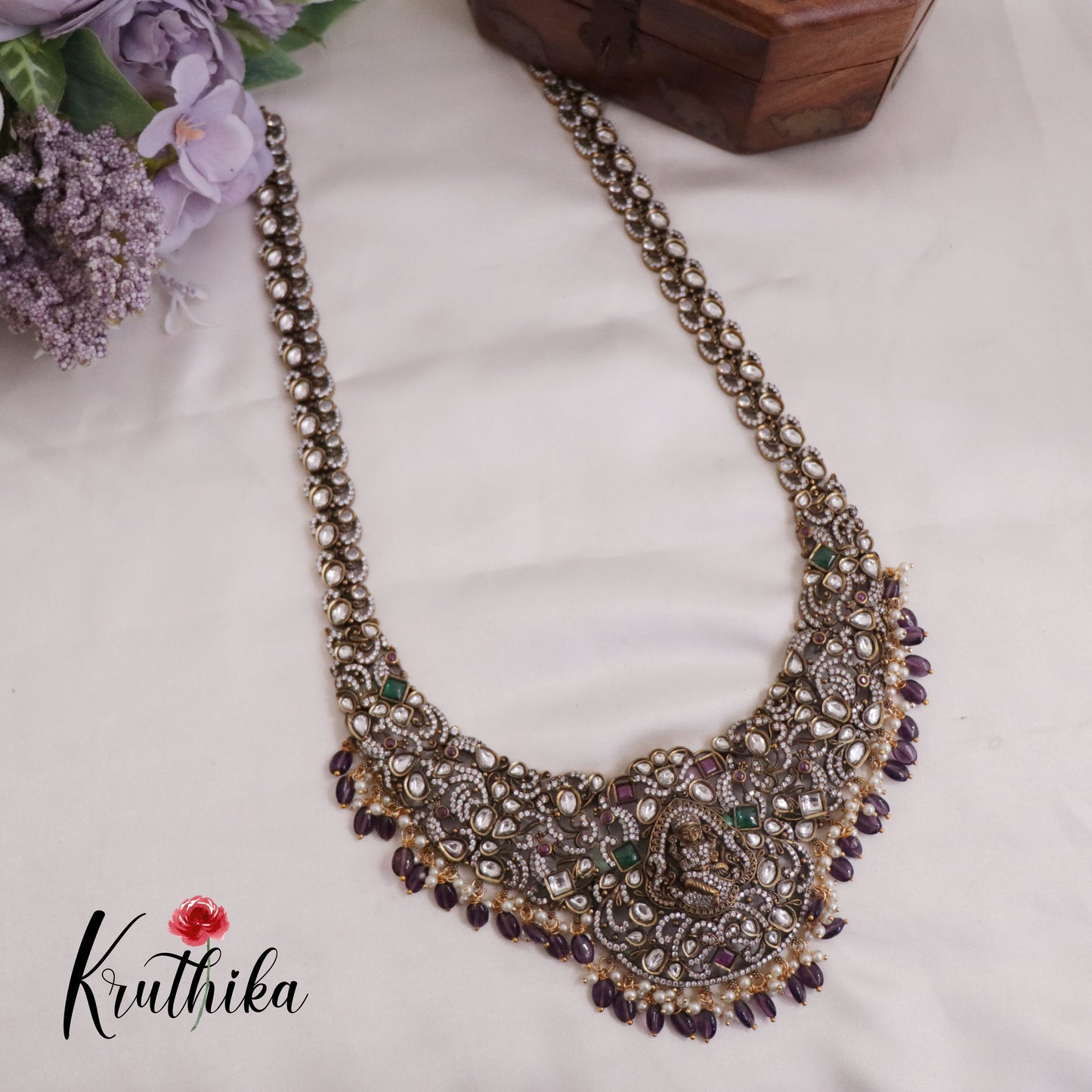 Grand Antique Victorian Finish Lakshmi Haaram with Purple Beads Drops LH1980