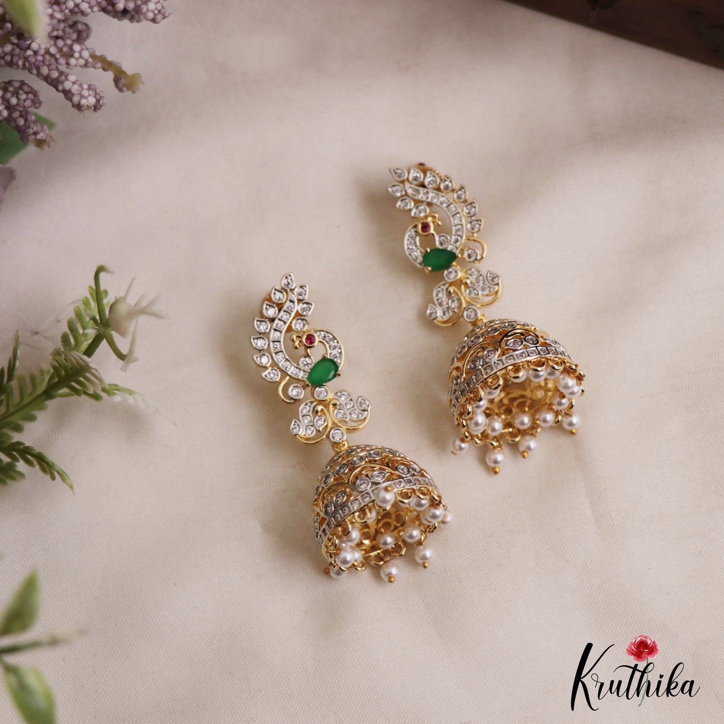 Sparkling Peacock Motifs AD Jhumkas With Pearl Drops E1095 (Available In 3 Colors)