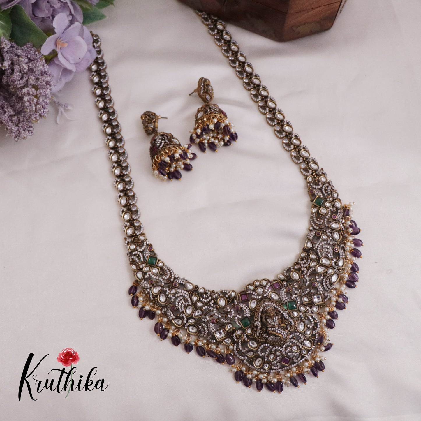 Grand Antique Victorian Finish Lakshmi Haaram with Purple Beads Drops LH1980