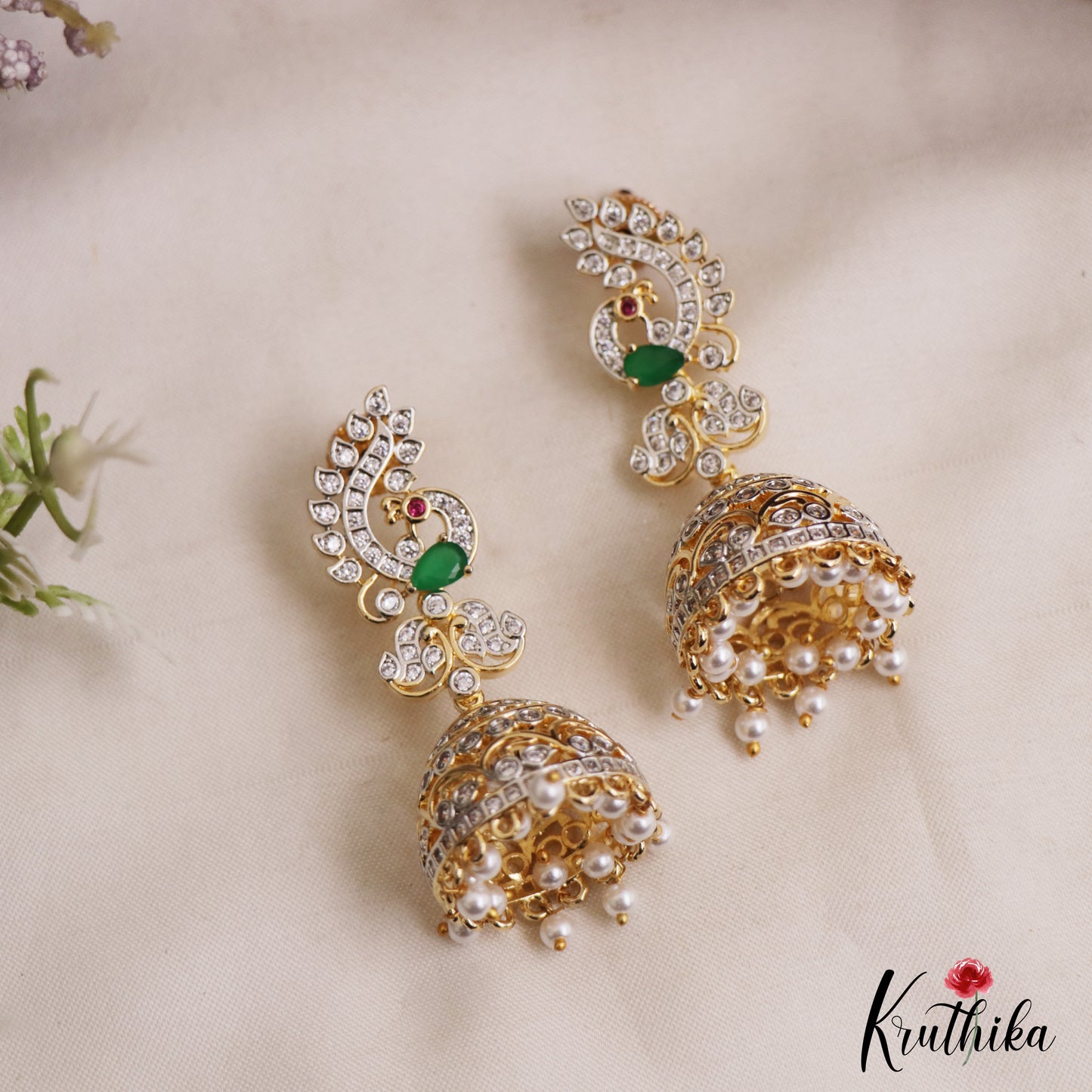 Sparkling Peacock Motifs AD Jhumkas With Pearl Drops E1095 (Available In 3 Colors)