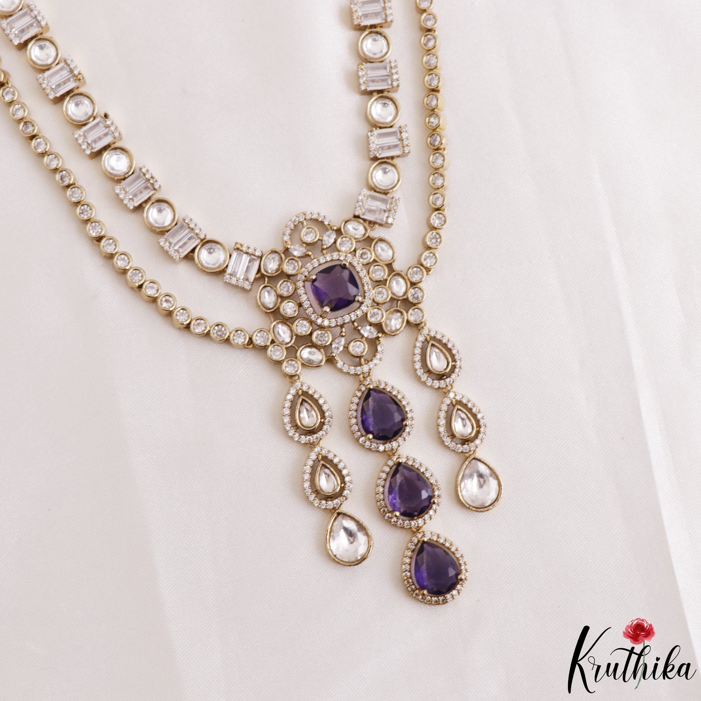 Gorgeous Teardrop Motifs Polki CZ Victorian Haaram LH2175 (Available In 4 Colors)