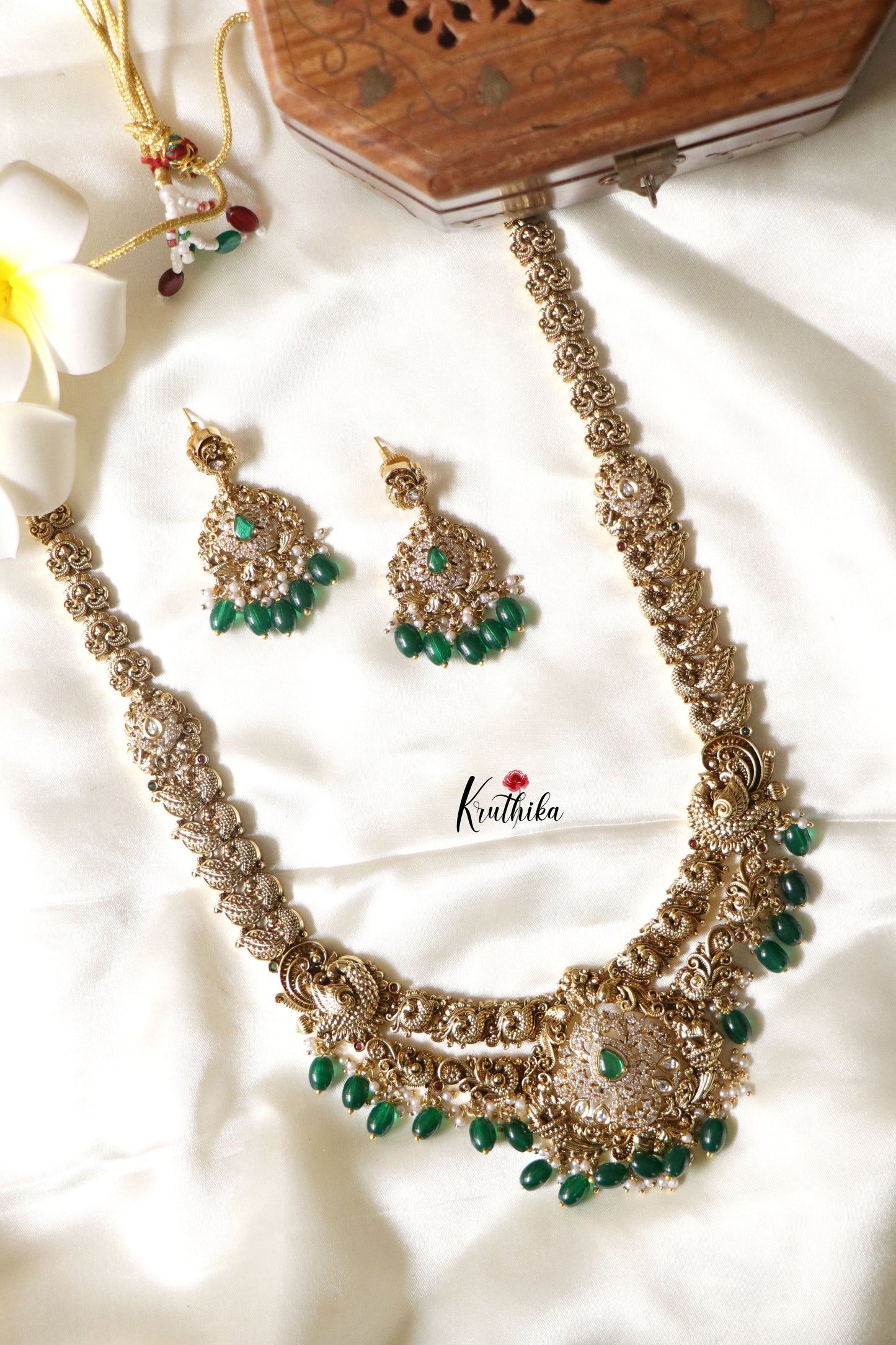 Premium Polish AD Peacock Haaram green beads LH611-Green beads