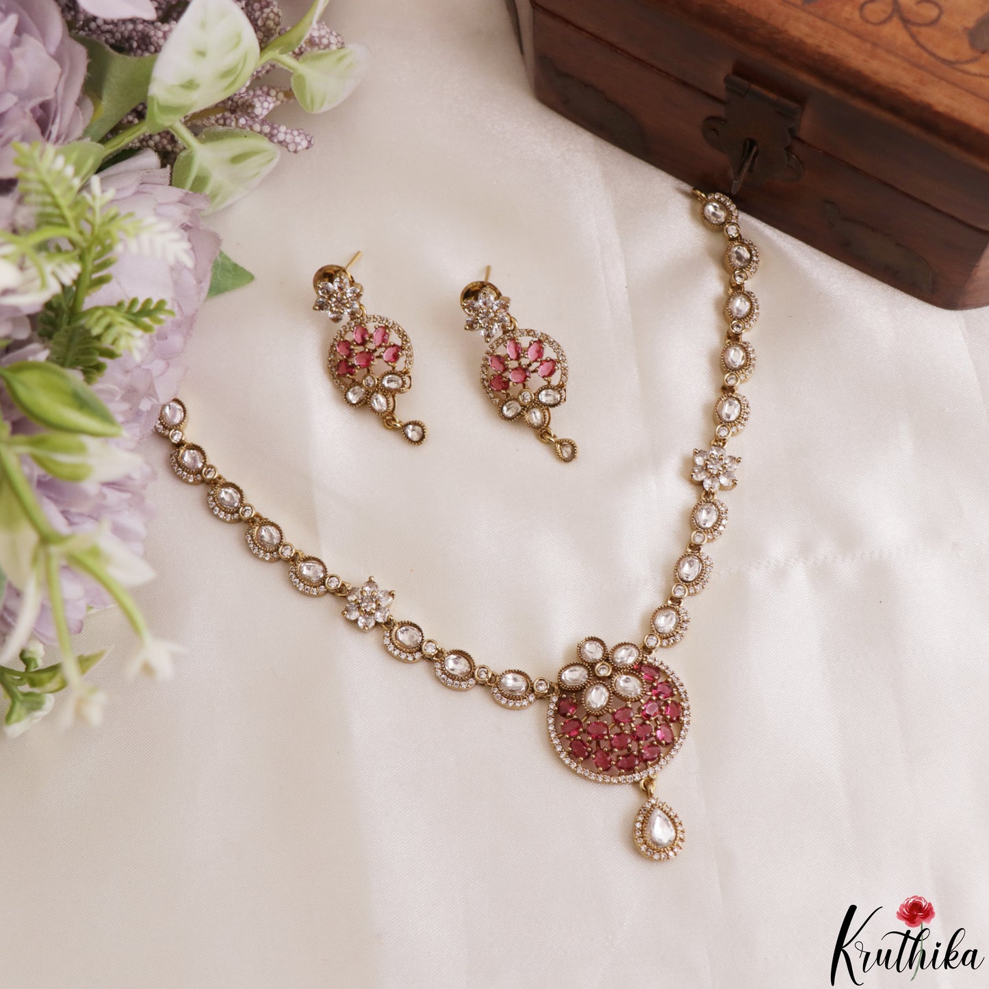 Classic Floral Motifs Polki CZ Victorian Necklace NC3190 (Available In 4 Colors)
