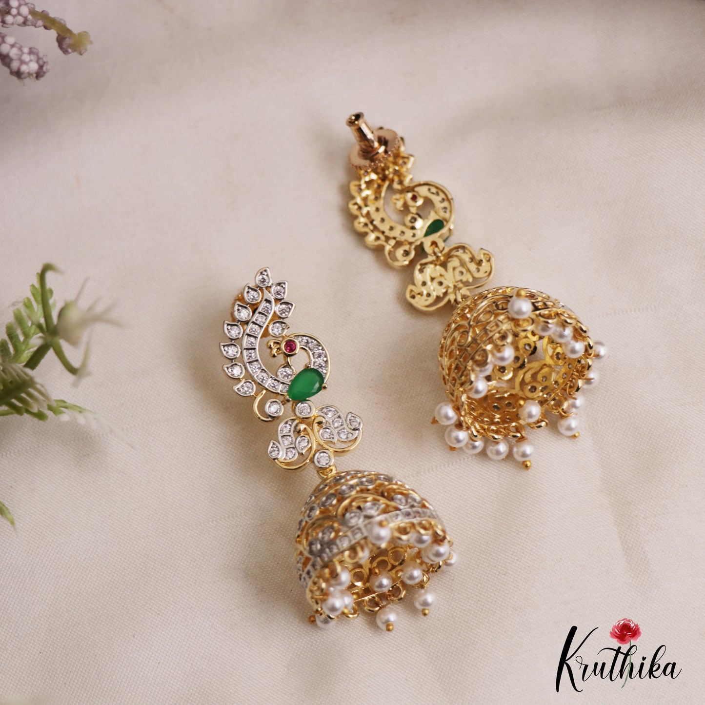 Sparkling Peacock Motifs AD Jhumkas With Pearl Drops E1095 (Available In 3 Colors)