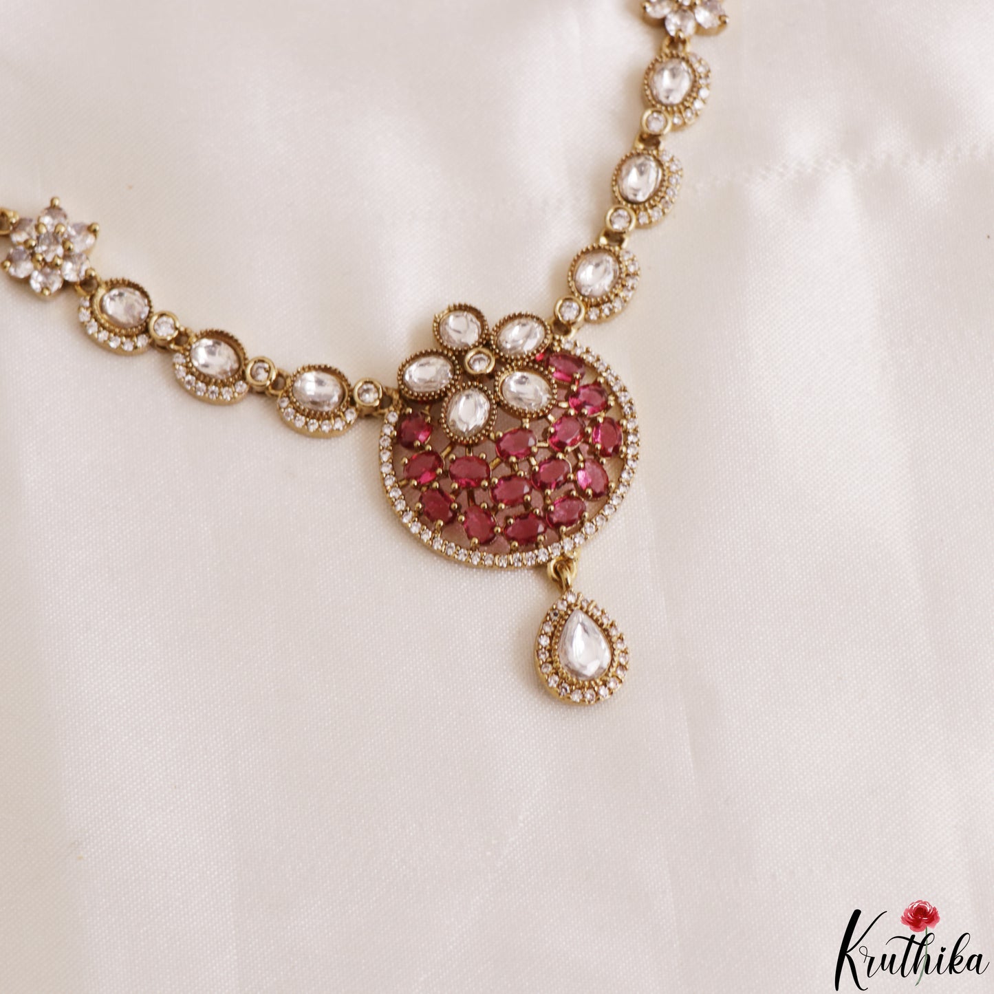 Classic Floral Motifs Polki CZ Victorian Necklace NC3190 (Available In 4 Colors)