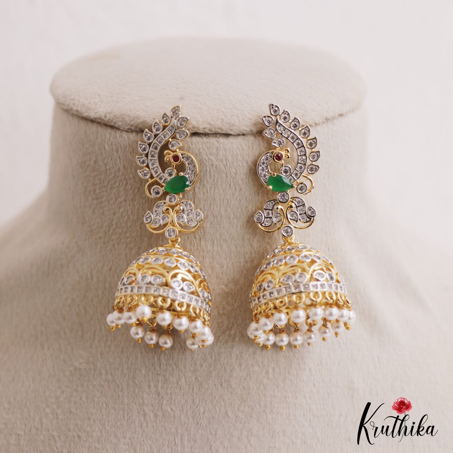 Sparkling Peacock Motifs AD Jhumkas With Pearl Drops E1095 (Available In 3 Colors)