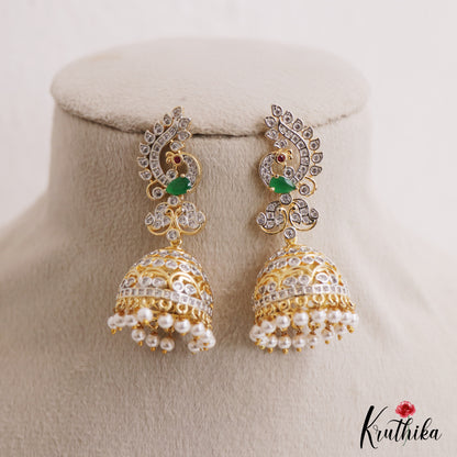 Sparkling Peacock Motifs AD Jhumkas With Pearl Drops E1095 (Available In 3 Colors)