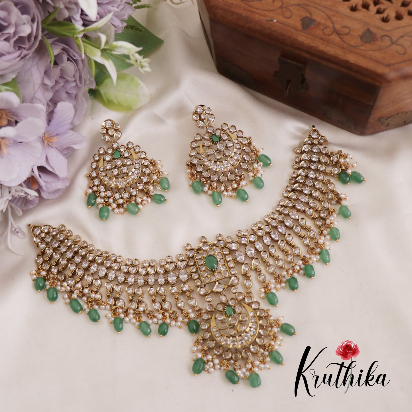 Stunning CZ Teardrop Choker With Pearl And Bead Drops NC2602 (Available In 2 Colors)