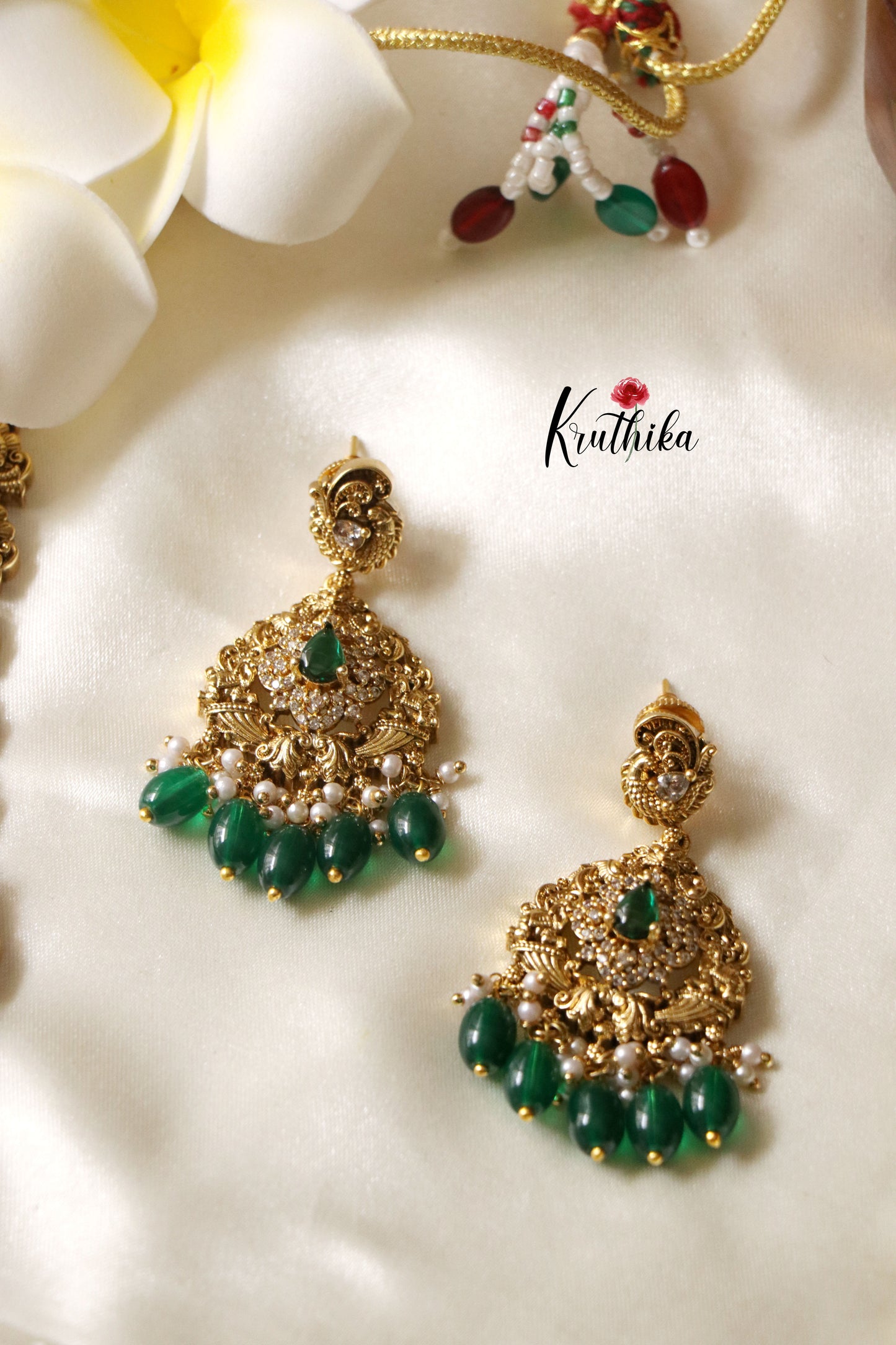 Premium Polish AD Peacock Haaram green beads LH611-Green beads