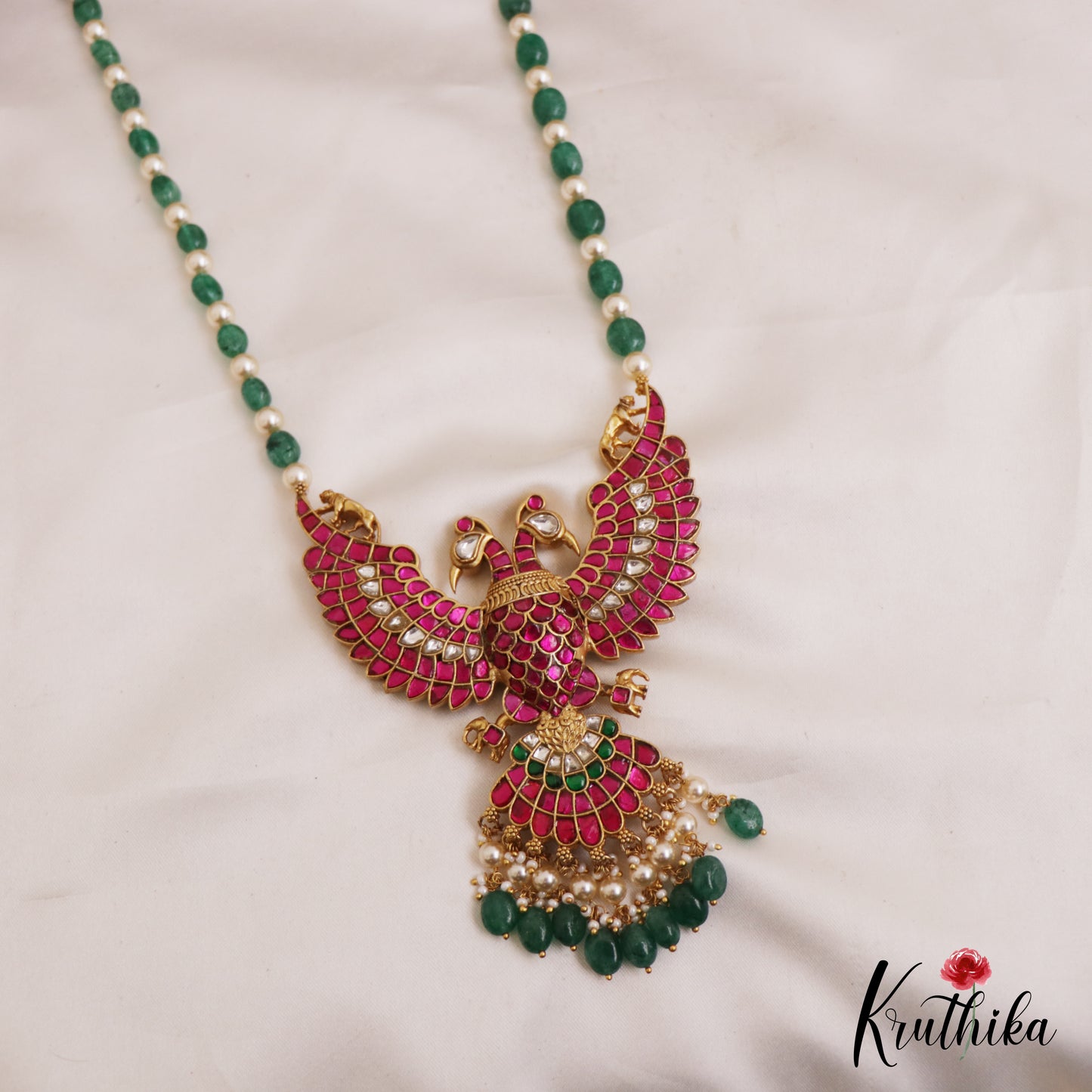 Premium Reversible Gandaberunda Jadau Pendant Haaram With Green Beads Drops LH2058