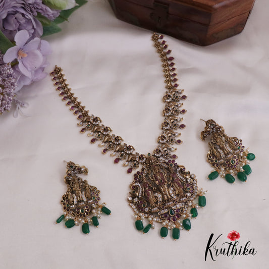 Elegant Antique Victorian Finish Lakshmi Narayana Necklace with Green Beads Drops NC2369