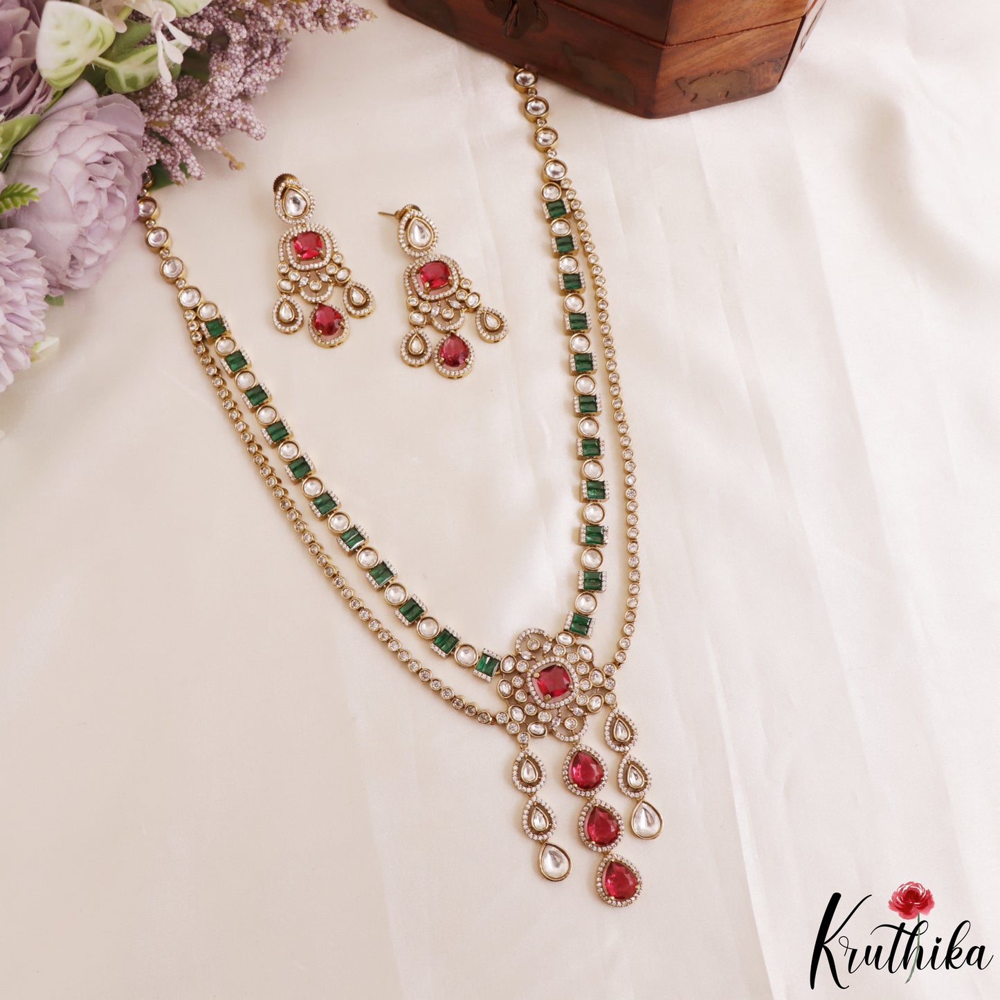 Gorgeous Teardrop Motifs Polki CZ Victorian Haaram LH2175 (Available In 4 Colors)
