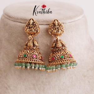 Premium Temple Lakshmi Jhumkas with Pastel Green Beads Drops E520