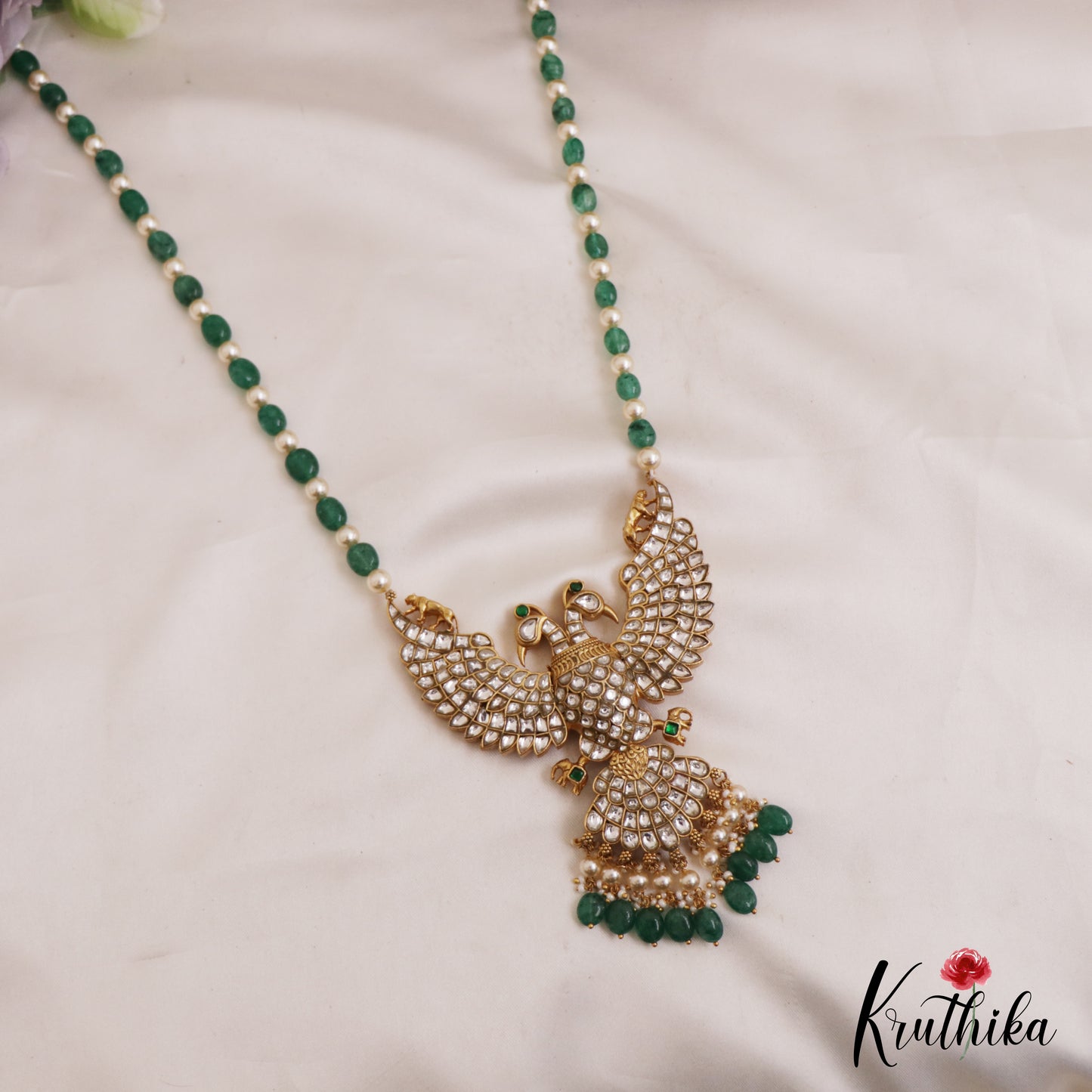 Premium Reversible Gandaberunda Jadau Pendant Haaram With Green Beads Drops LH2058