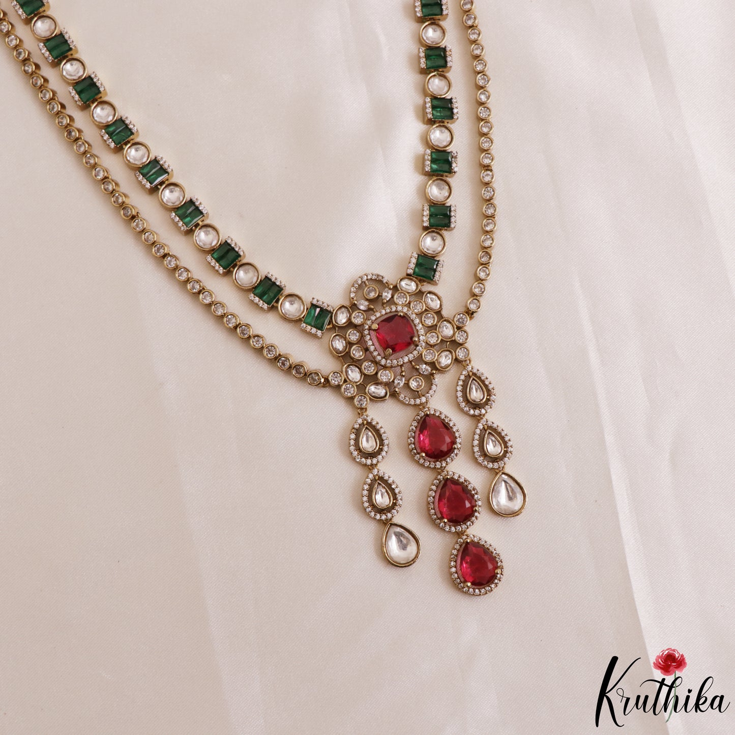 Gorgeous Teardrop Motifs Polki CZ Victorian Haaram LH2175 (Available In 4 Colors)