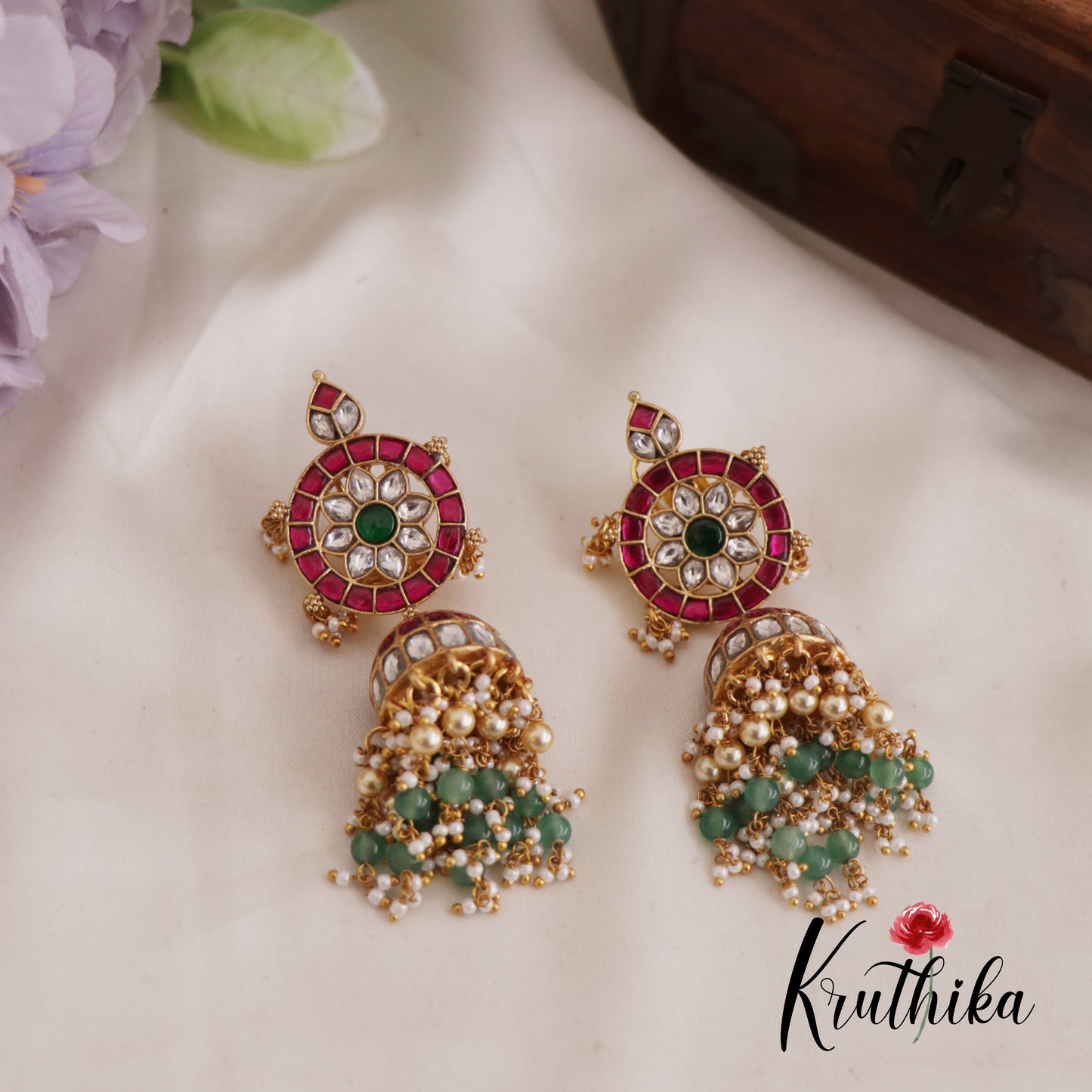 Gorgeous Floral Jhumka Jadau Jhumkas With Pearl And Beads Drops E900