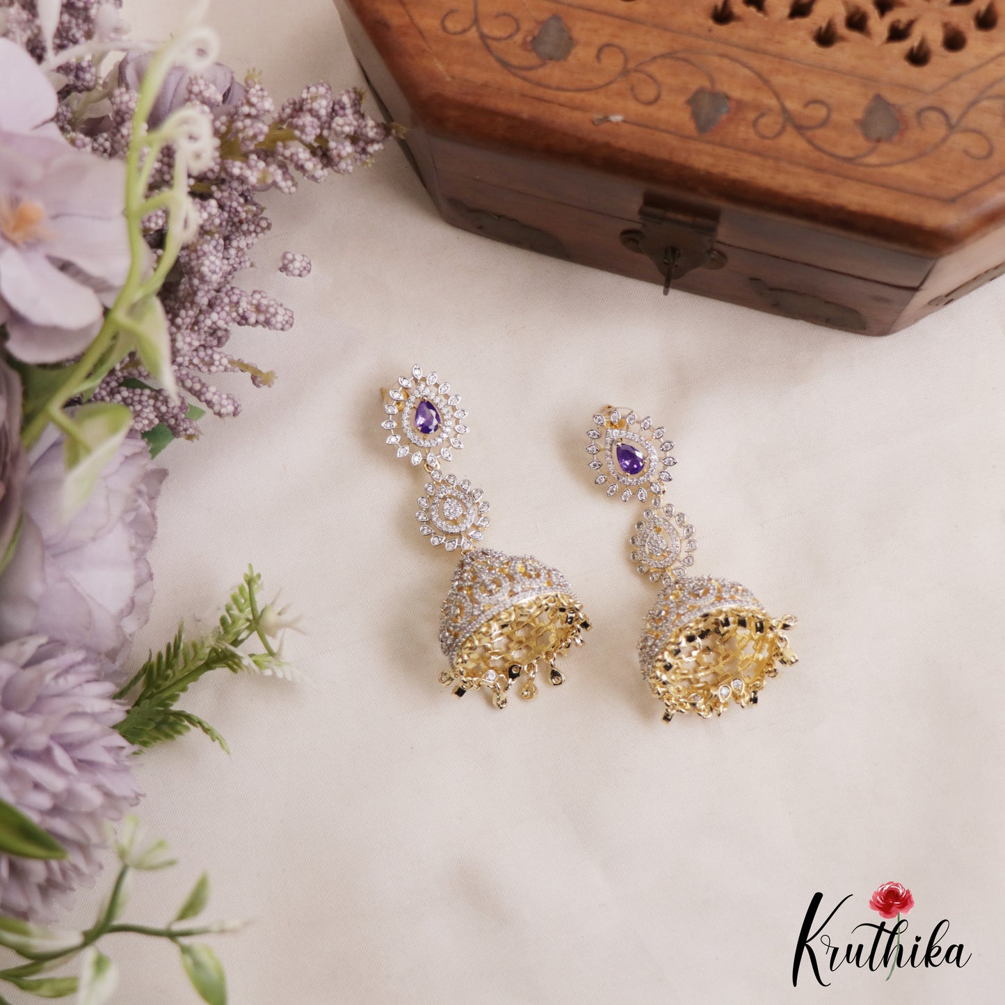 Gorgeous Teardrop Motifs CZ Victorian Jhumkas E1122 (Available In 3 Colors)
