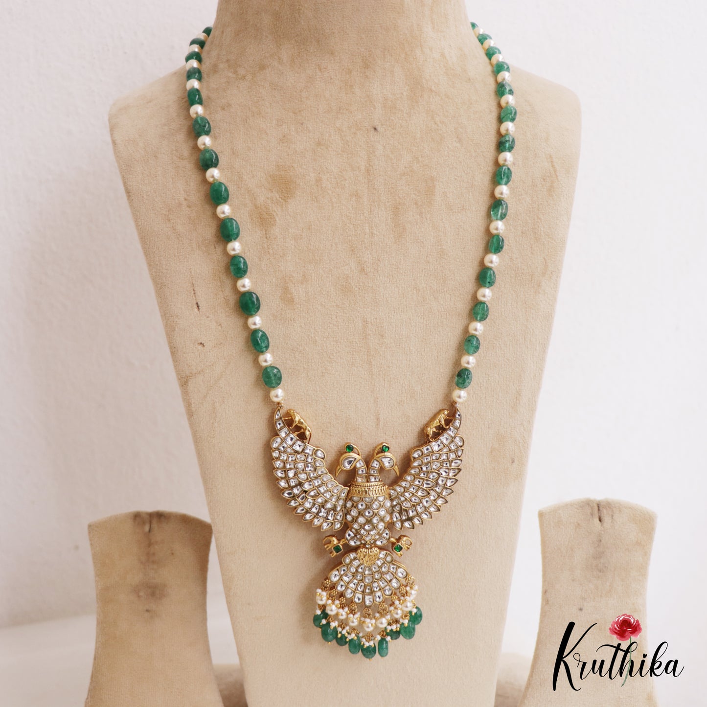 Premium Reversible Gandaberunda Jadau Pendant Haaram With Green Beads Drops LH2058