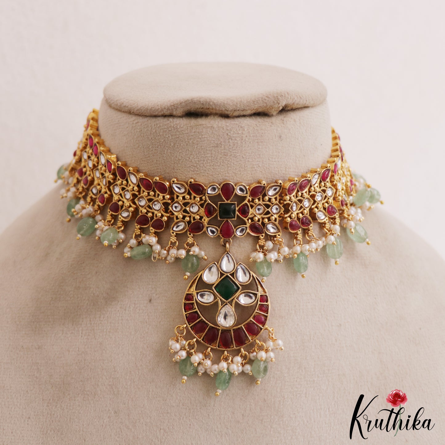 Stunning Mango Motifs Kemp Choker With Green Bead Drops NC2918